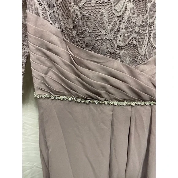 JJ's House dusty Mauve Lace Chiffon Gown with Rhinestone Belt 3/4 Sleeve Dress - Picture 4 of 6